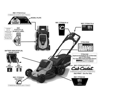 Label Map Diagram and Parts List for SCP21E (18AEB9C5B10)(2021) Cub Cadet Lawn Mower